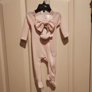 Toby Pink Baby Footies with Headband & Rattle